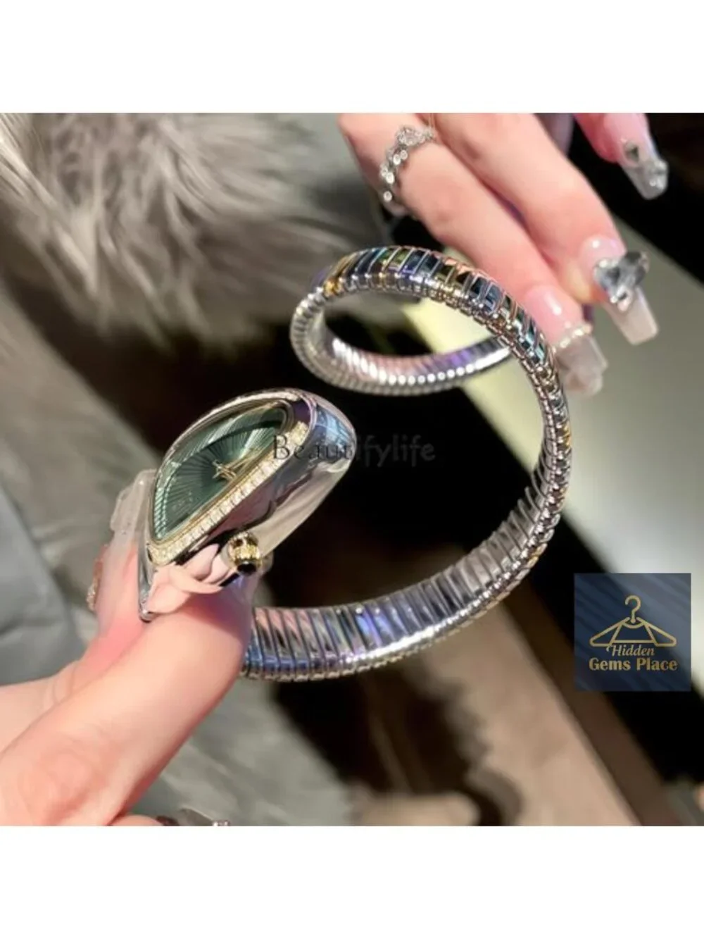 Snake Face Watch Women Teardrop Dial Mother of Pearl Blue Roman Numerals